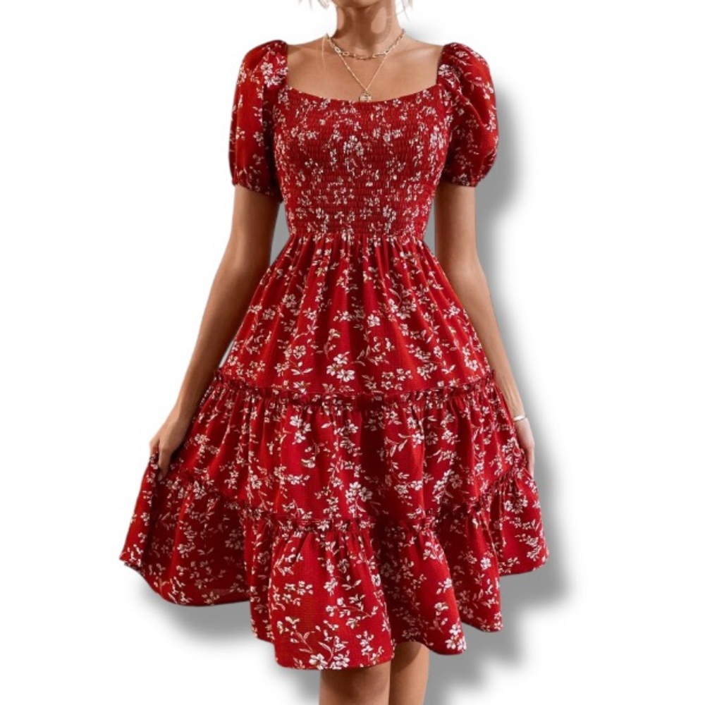 Chic Red Floral Midi Dress Size S